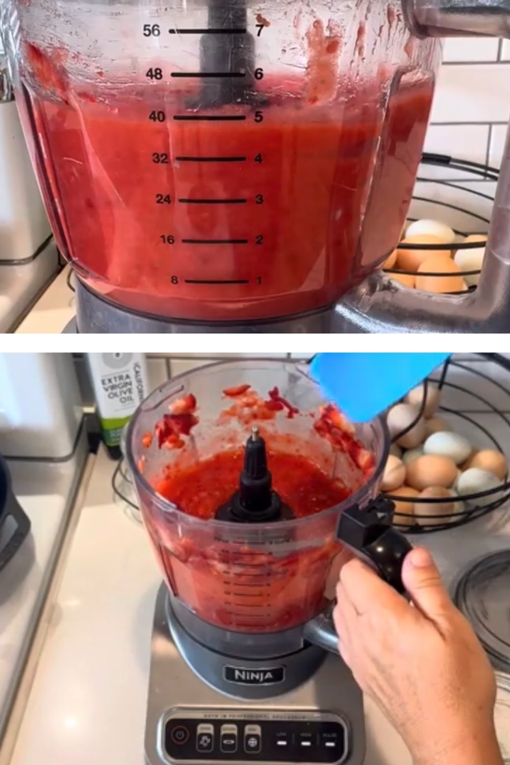 blending jam in food processor and scraping down sides halfway through processing