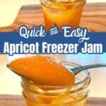 A close-up shot of homemade apricot freezer jam in glass mason jars with tight lids, stacked on a wooden countertop. In the background, a rustic bowl is overflowing with fresh, ripe apricots. The jam has a bright golden color, showing its fresh, no-cook texture.