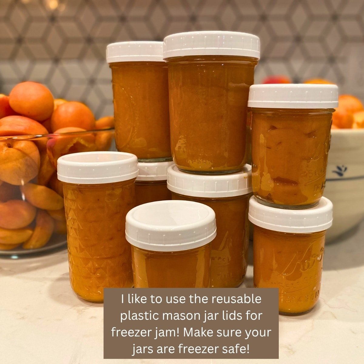 apricot freezer jam in freezer safe jars with bowls of apricots in the background with text