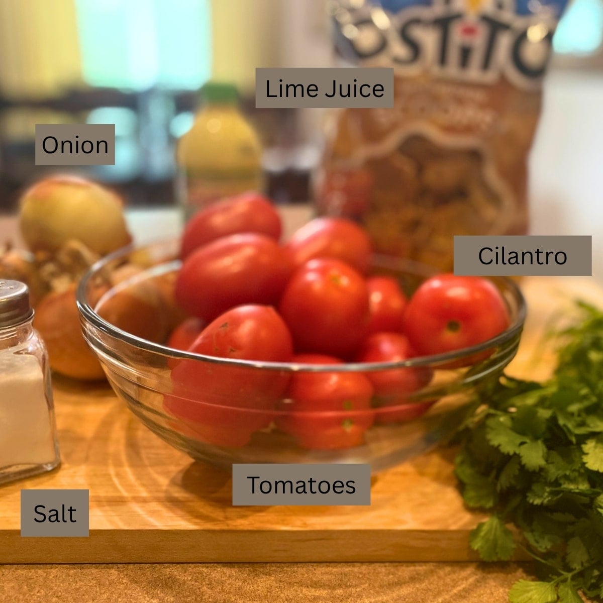 pico de galllo ingreidets tomatoes in a bowl, cilantro, salt, onions, lime juice with chips in the background