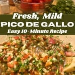 A clear glass bowl filled with fresh, chunky mild pico de gallo salsa, featuring finely diced Roma tomatoes, white sweet onions, and green cilantro leaves, with a wooden spoon resting inside and a bag of tortilla chips blurred in the background.