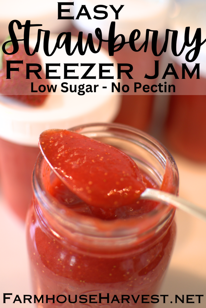 strawberry freezer jam up close with text