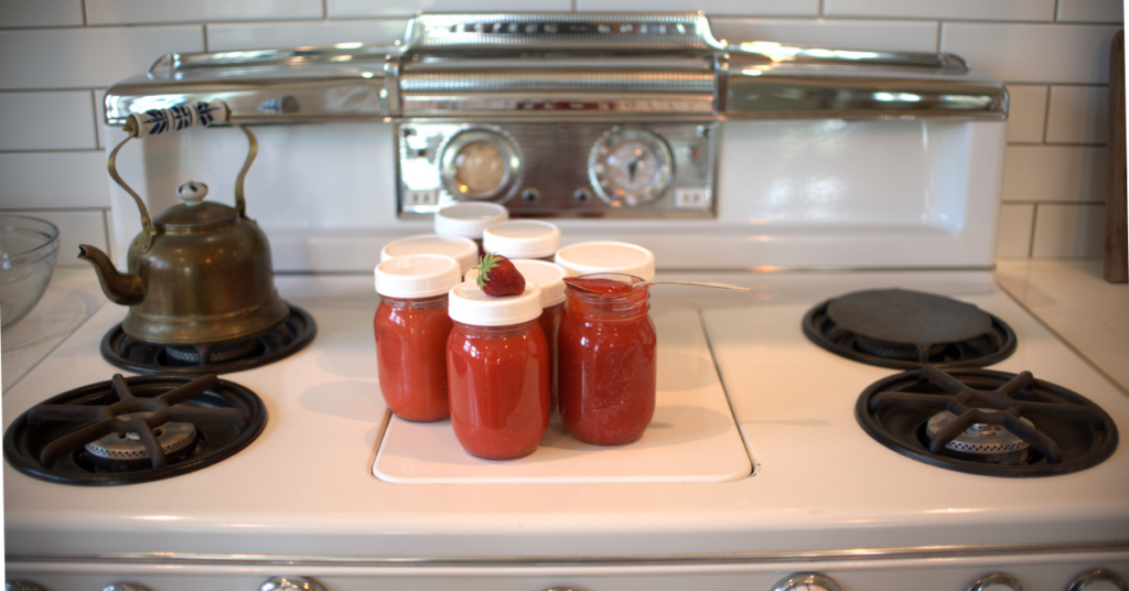 strawberry freezer jam batch on stove