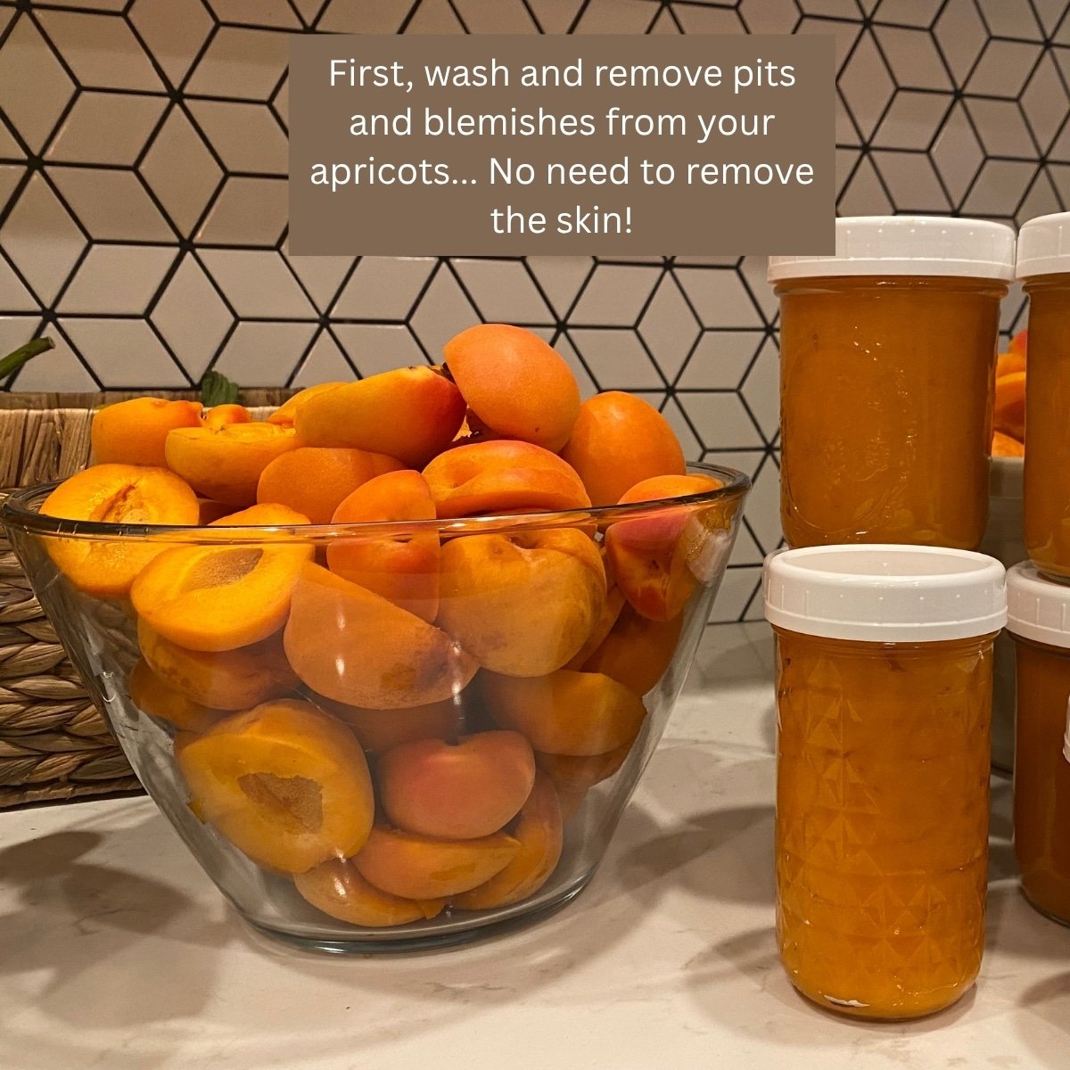 washed apricots sliced in half with pits removed and text