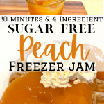 sugar free peach freezer jam in jar and on waffles with text