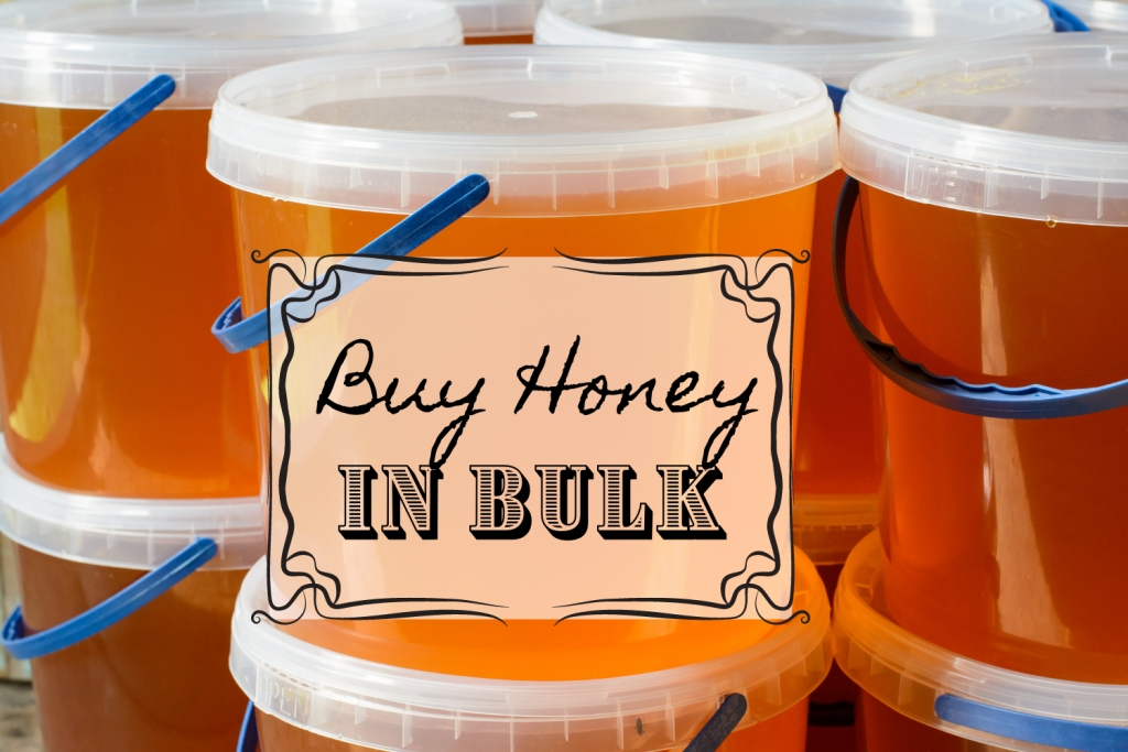 Honey in bulk buckets and text