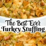 turkey stuffing up close to show texture with text