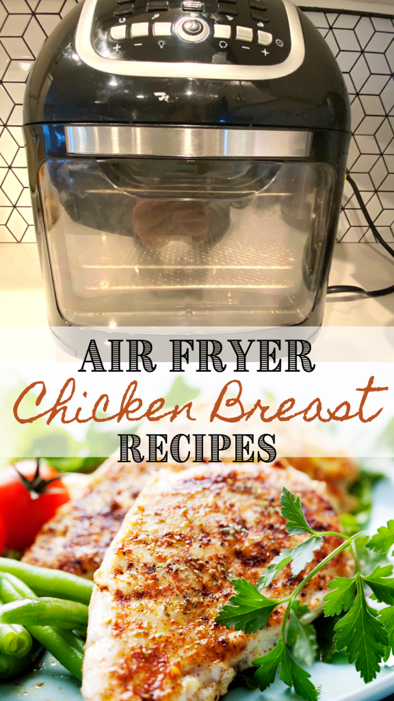 air fryer and chicken breast with text