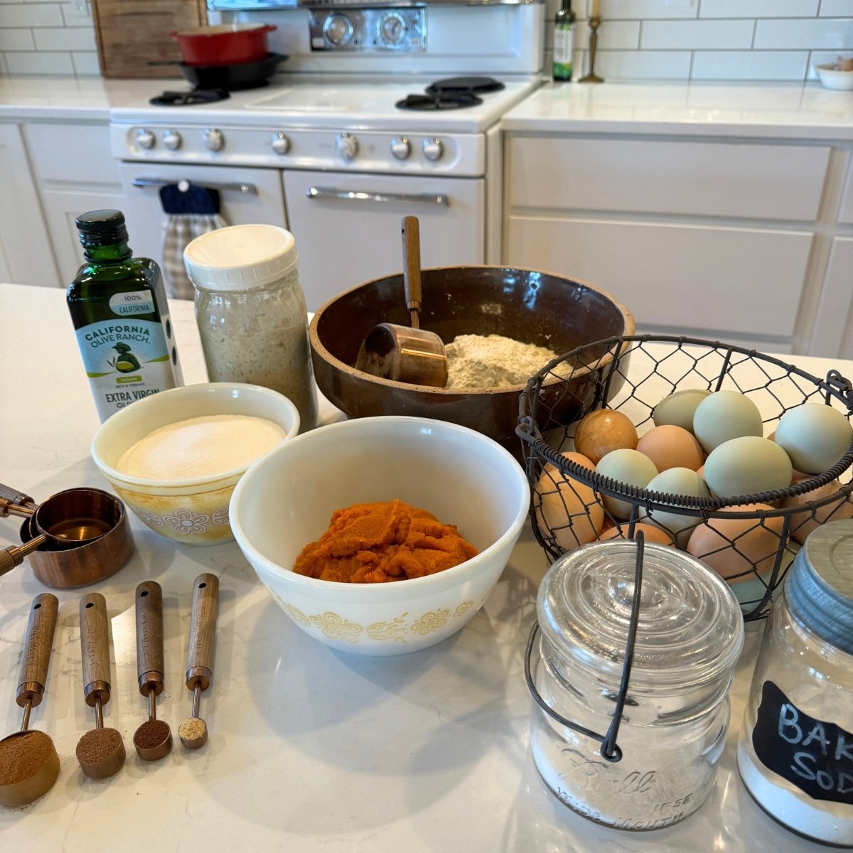 oil, sourdough starter, flour, sugar, cinnamon, ginger, cloves, nutmeg, pumpkin puree, salt, baking soda, eggs