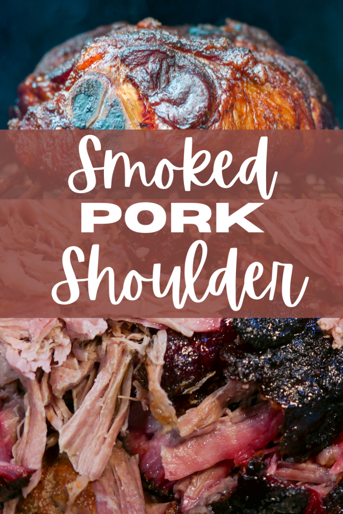 a whole smoked pork shoulder and pulled smoked pork butt with text separating them