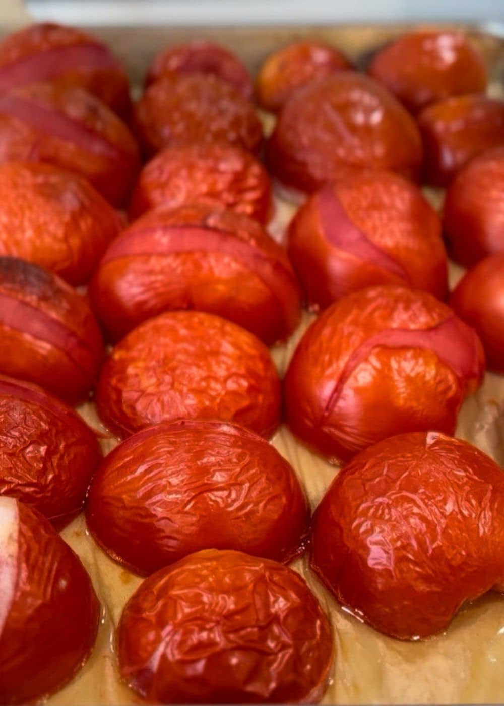 tomatoes sliced in half face down on a parchement lined baking sheet they are roasted just till their skins are wrinkled and ready to come off