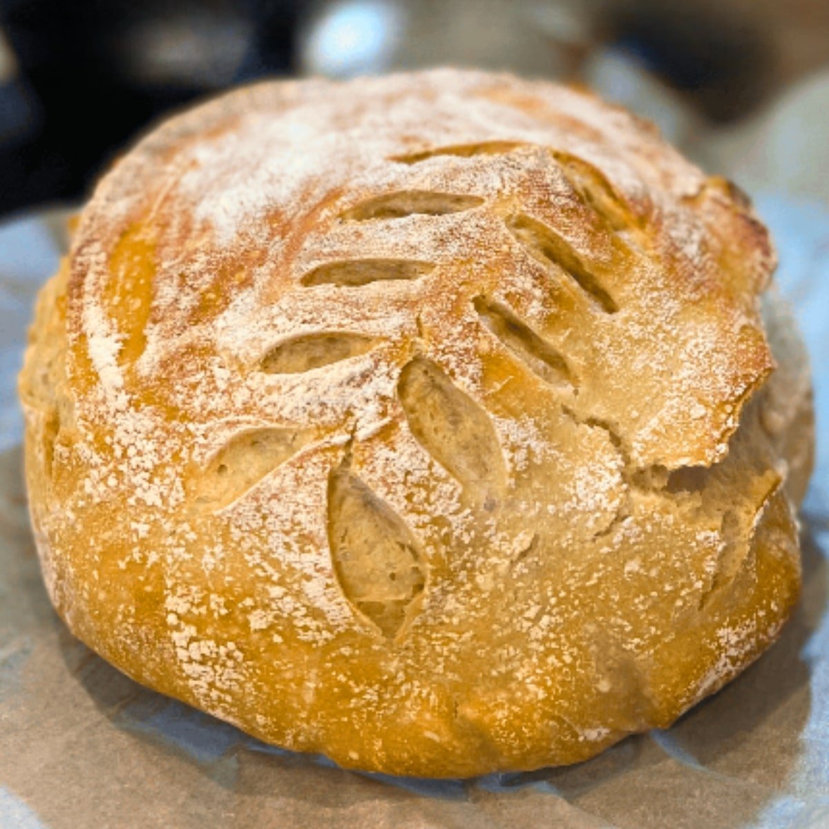 beginners sourdough bread cooling on parchment paper