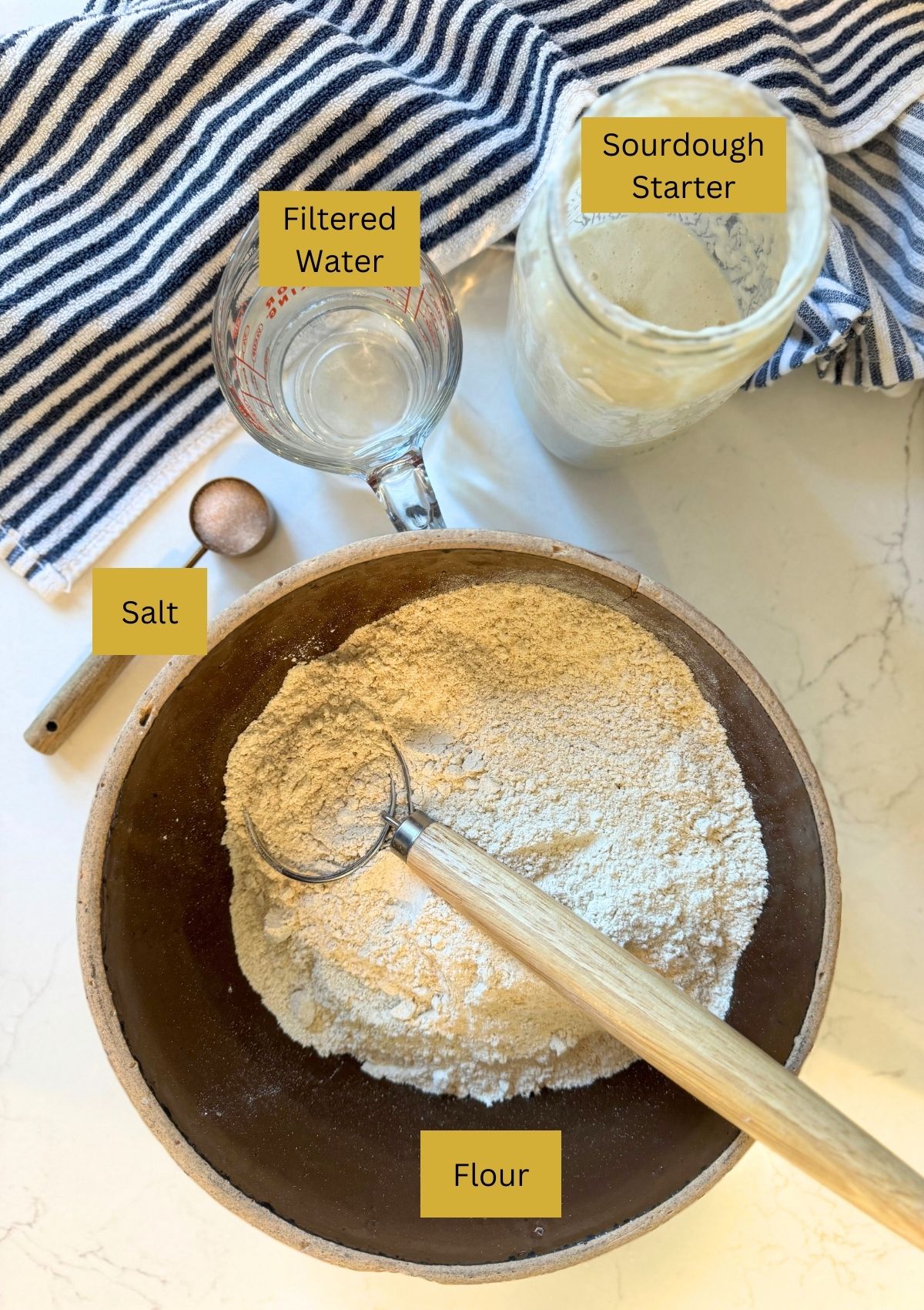 sourdough bread ingredients Sourdough starter, filtered water, Salt and Flour (bread flour, all purpose or whole grain;)