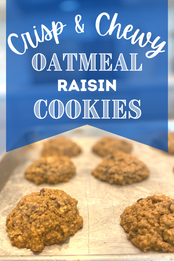 oatmeal raisin cookies on cookie sheet with text