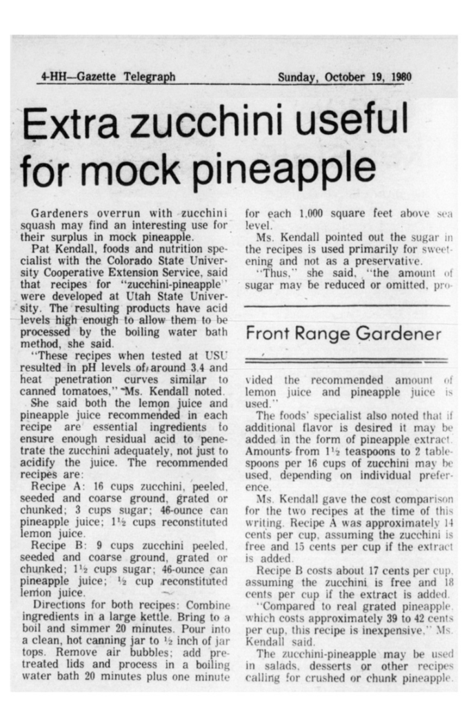 Zucchini Pineapple canning recipe in newspaper from 1980's