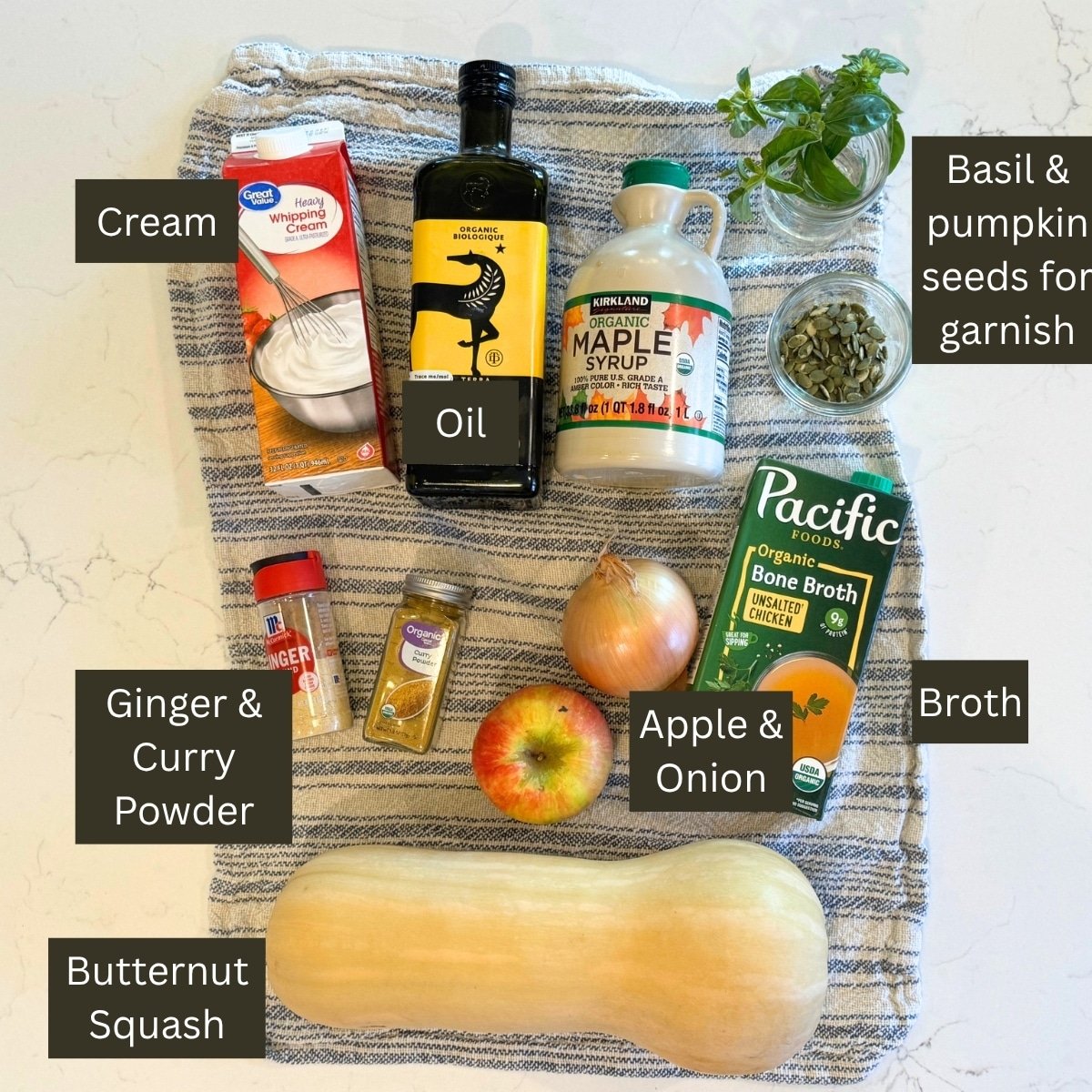 Cream oil, maple syrup, ginger and curry, apple, onion, broth and butternut squash