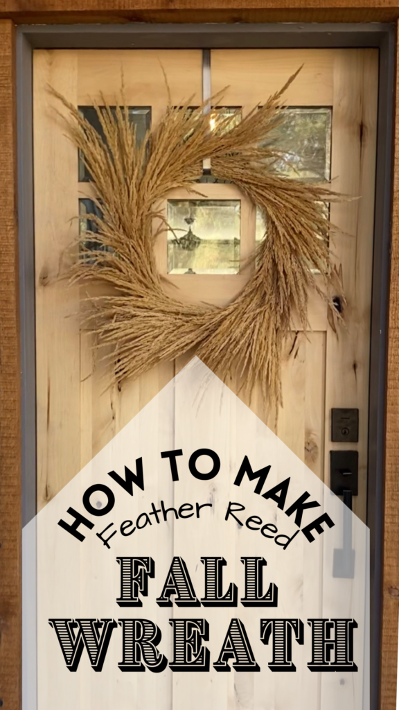 feather reed wreath on door with text