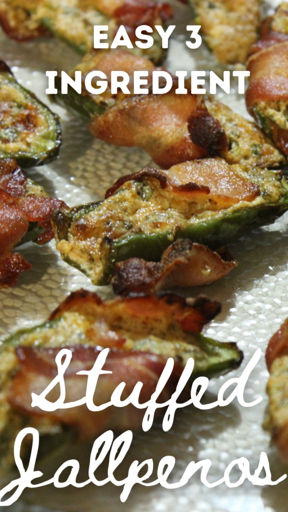 stuffed jalapeno poppers on a plate with text