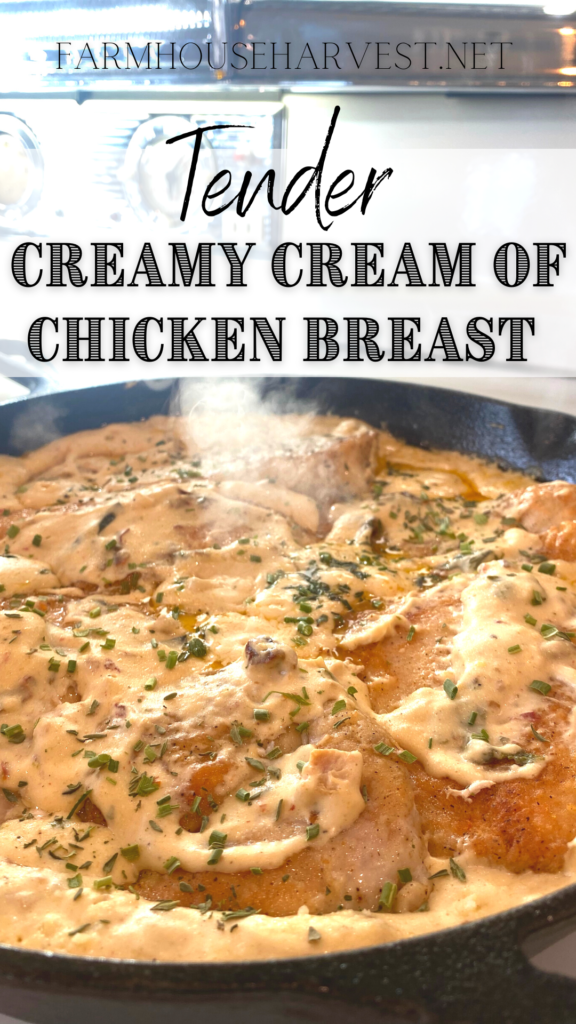 cream of chicken breasts simmering in skillet with text