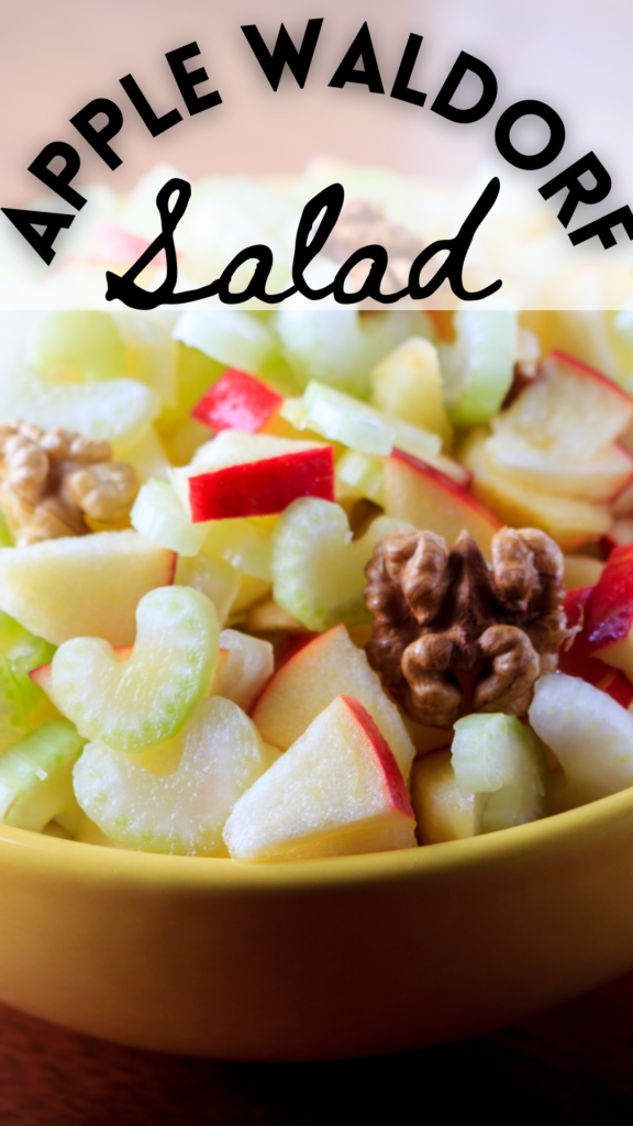 waldorf salad in bowl with text
