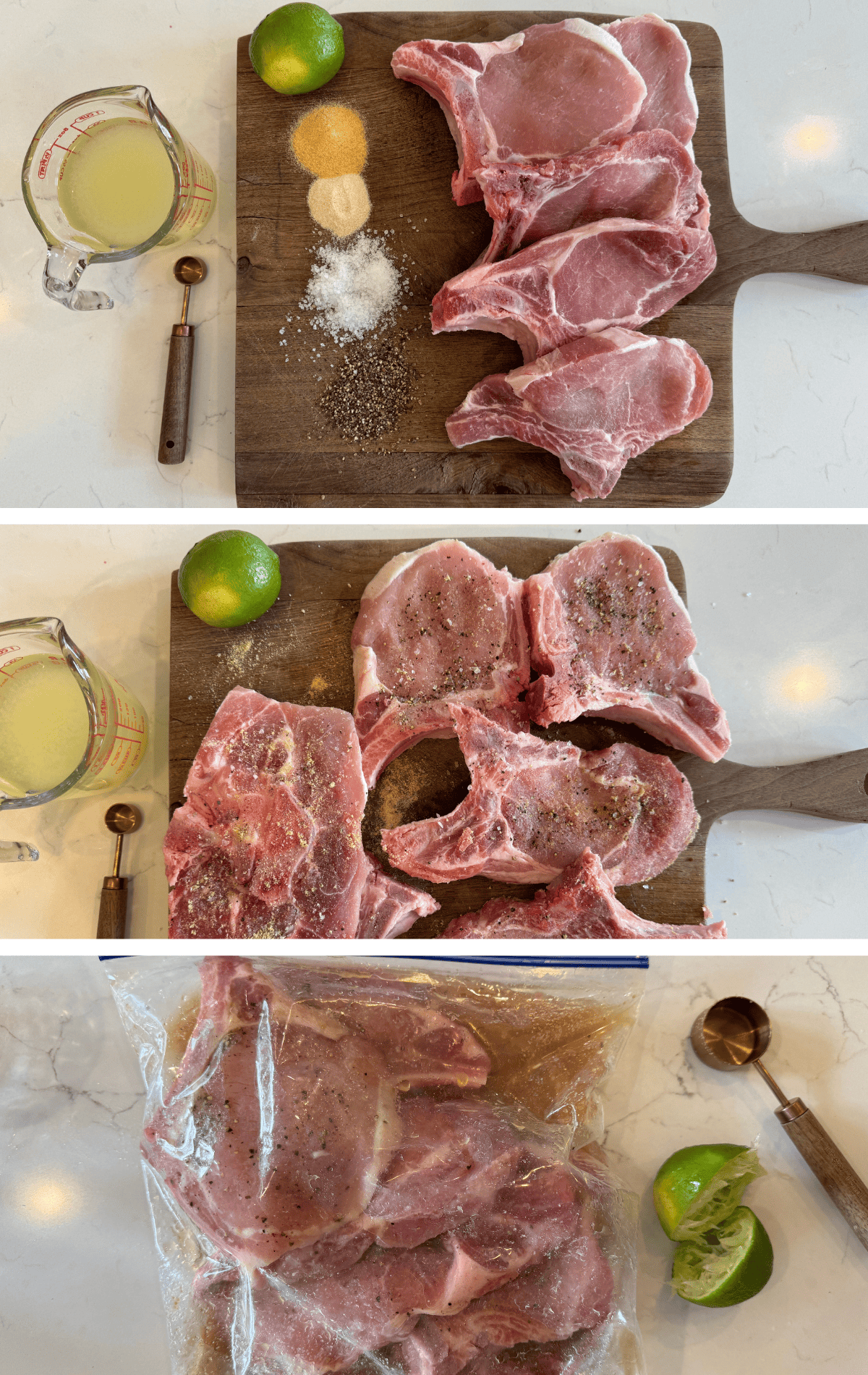 ingredients for marinated and grilled bine in pork chops. seasoning them, and marinating in a bag