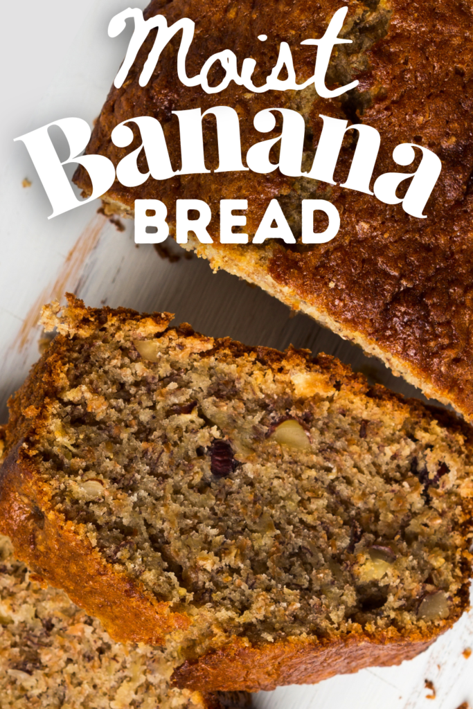sliced banana bread up close with text