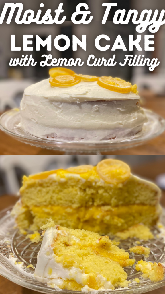 lemon cake whole and cut with lemon curd filling showing and text