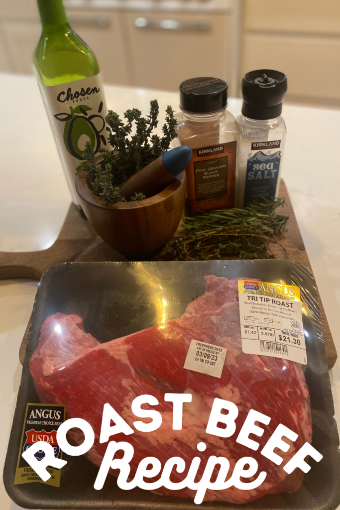 roast beef recipe ingredients herbs, oil on a cutting board with text that says roast beef recipe