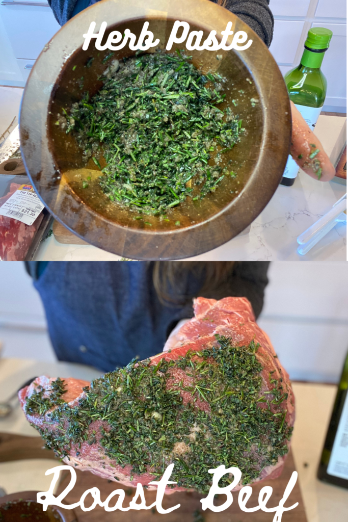 mixing herbs and roast beef recipe seasonings and applying to roast with text