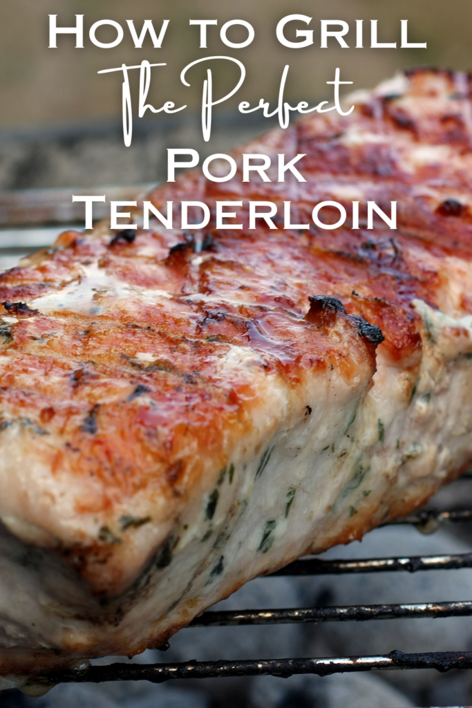 grilling pork loin on charcoal grill with text