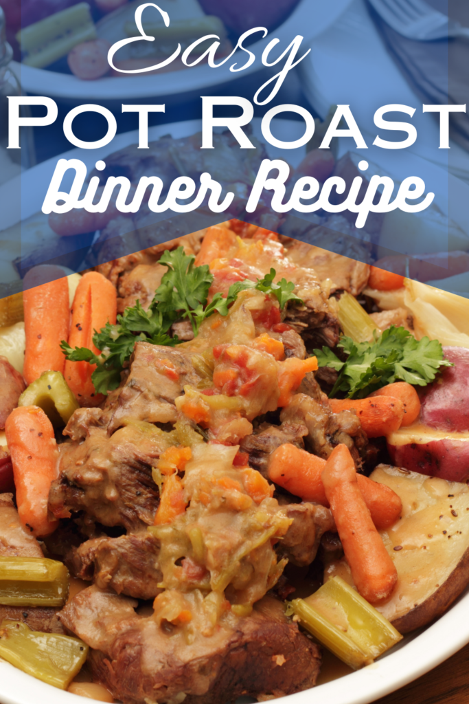 pot roast dinner on platter with text