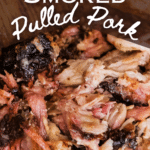smoked pulled pork on cutting board with text