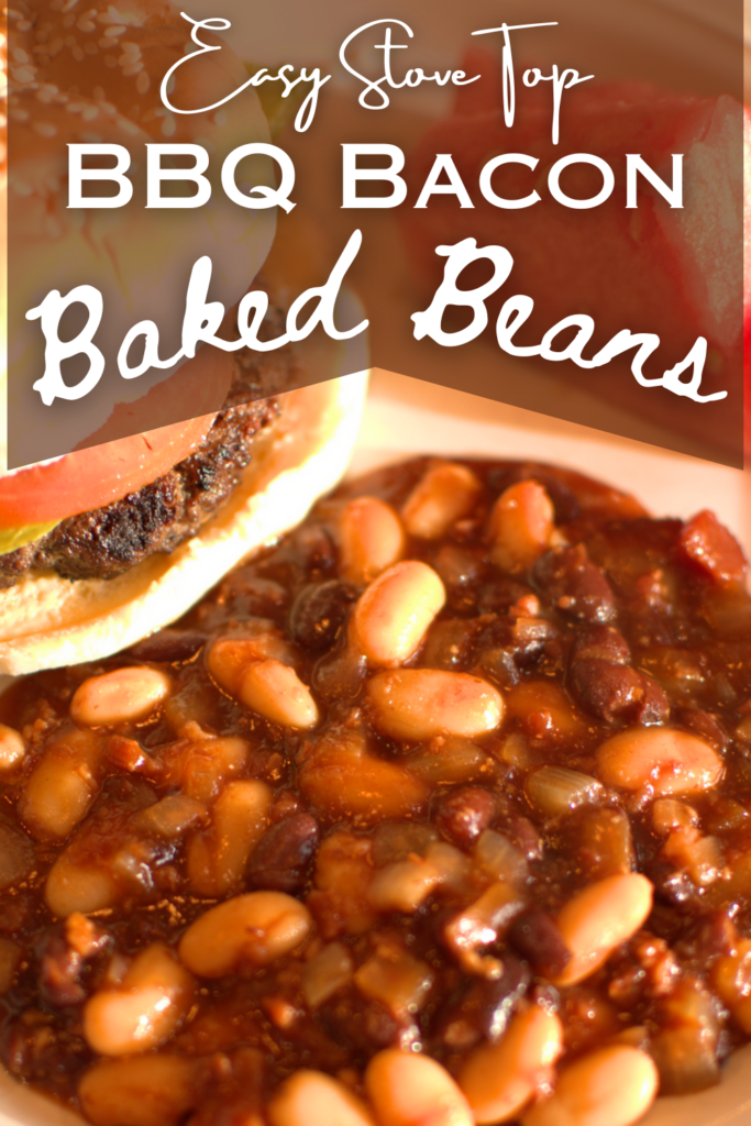 baked beans on plate with hamburger and text