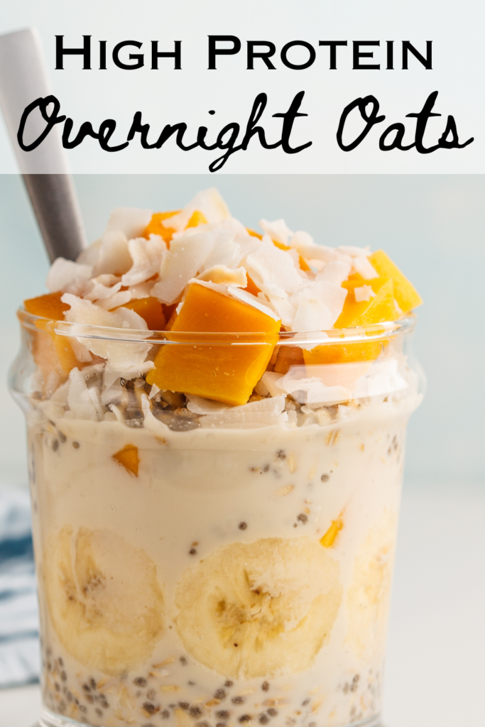 tropical high protein overnight oats with text