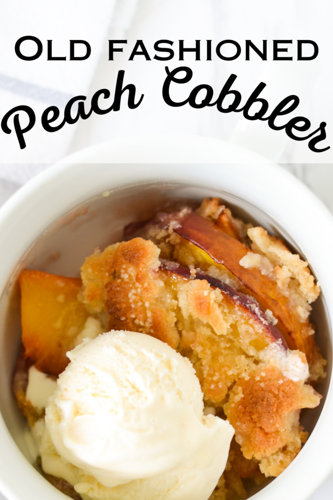 peach cobbler recipe in bowl with vanilla ice cream and text