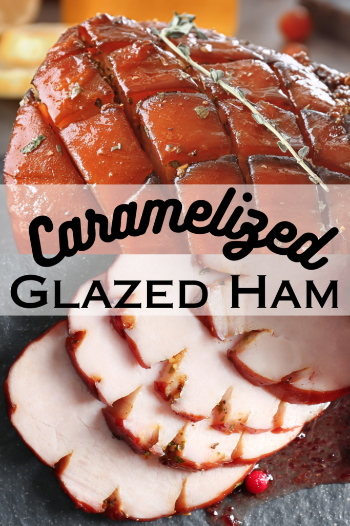 glazed ham whole and sliced with text