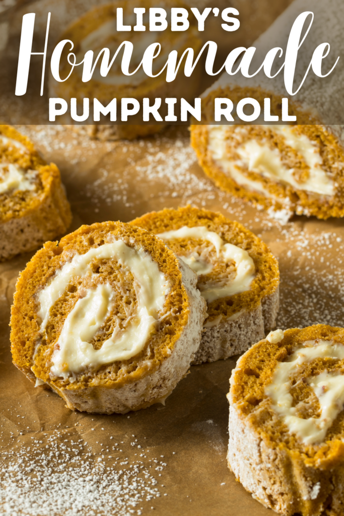 Libby's Pumpkin Roll Recipe sliced with powdered sugar topping