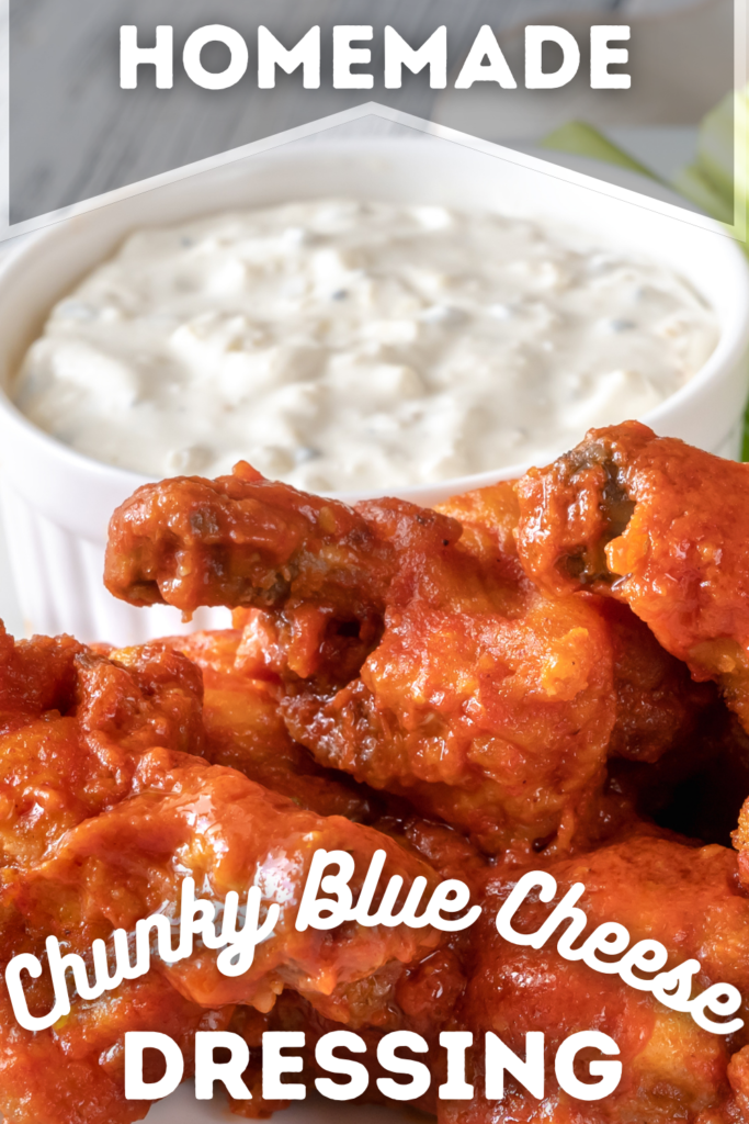 blue cheese dressing recipe with wings and text