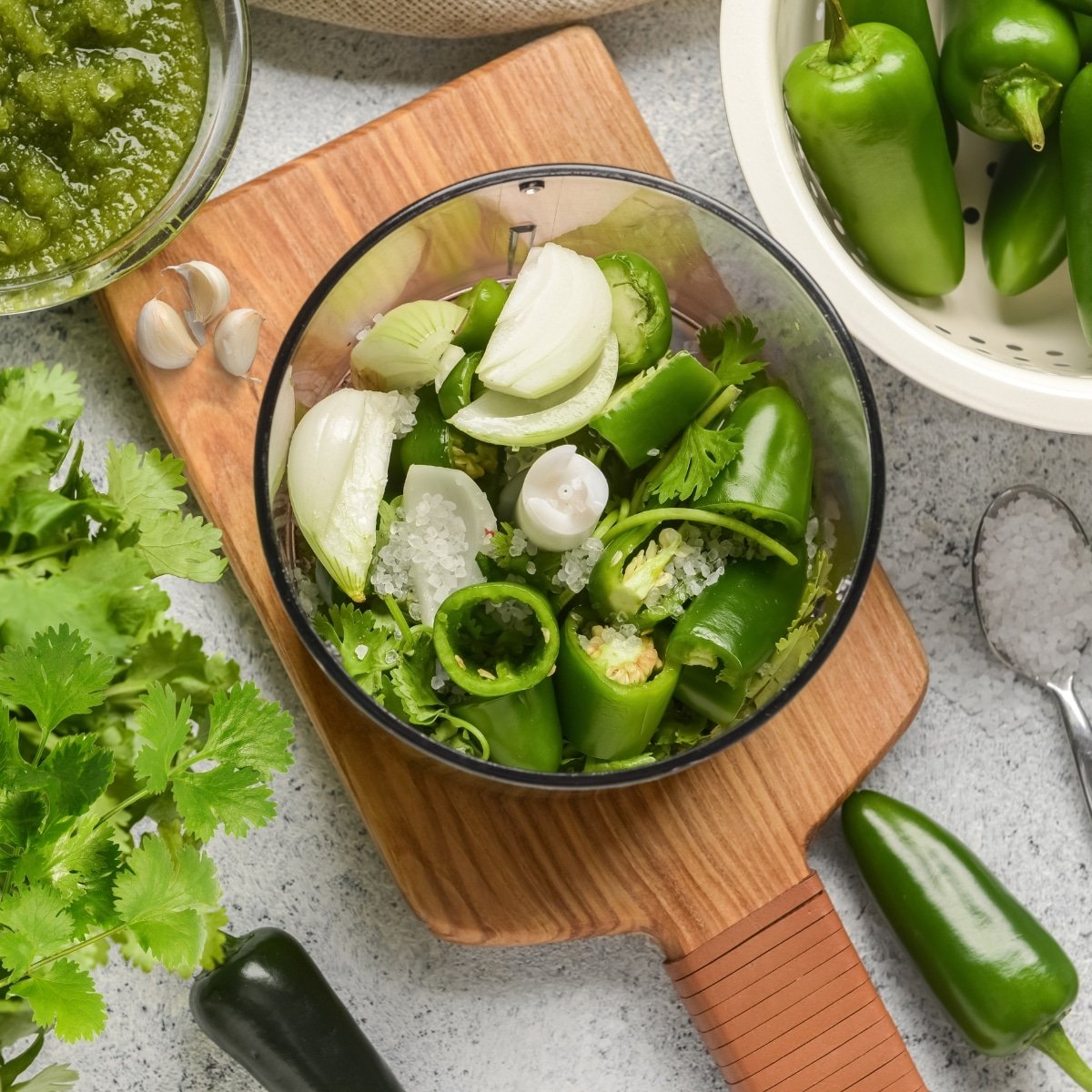 onion garlic, tomatillos, cilantro, jalapenos, salt