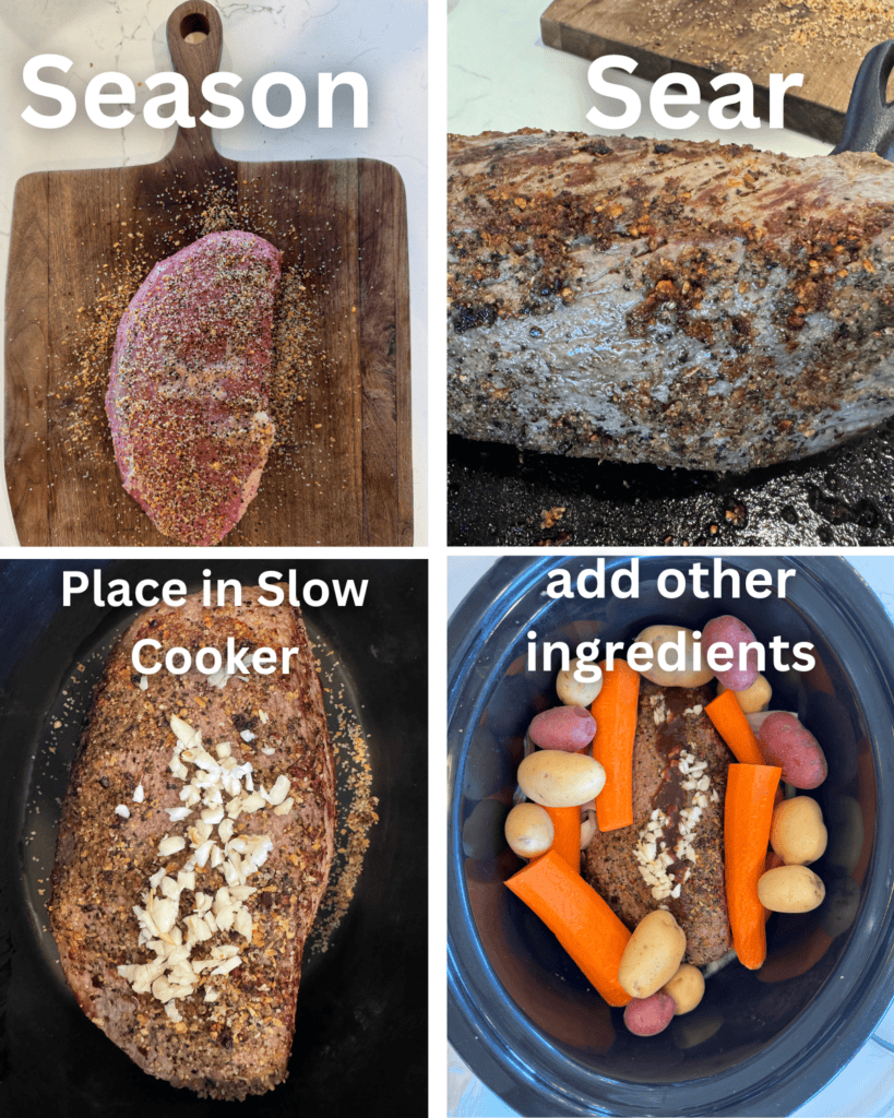 how to make slow cooker rump roast steps 1-4: season, sear, place in slow cooker, load with other ingredients