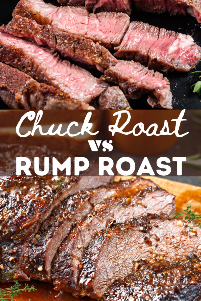 cooked chuck roast vs cooked rump roast with text