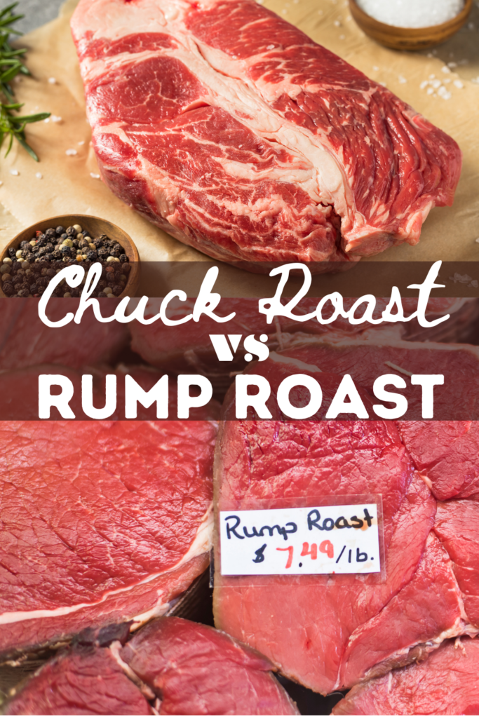 raw chuck roast and rump roast with text in-between