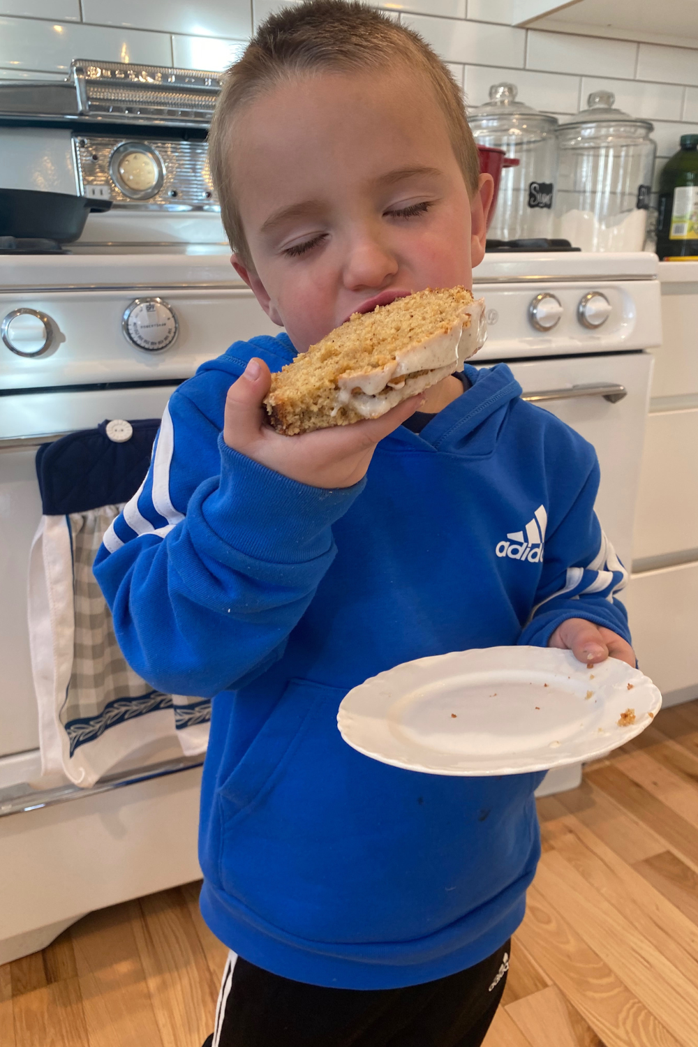 boy enjoying eggnog bread