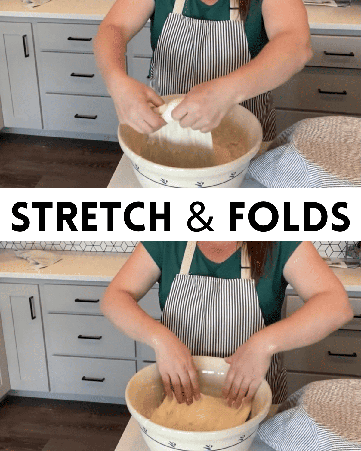 showing how to stretch and fold dough with text