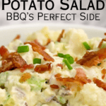 text with a bowl of BBQ’s Perfect Side - potato salad httpsfarmhouseharvest.net copywrite 2024