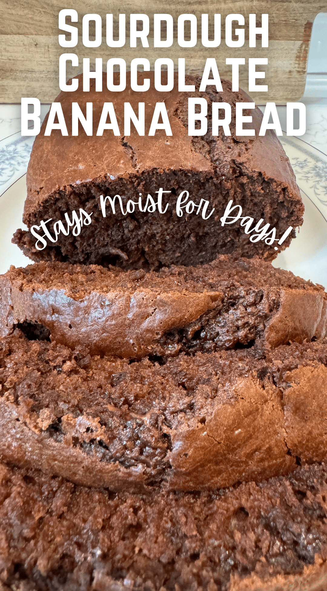 this bread recipe sliced on platter with text