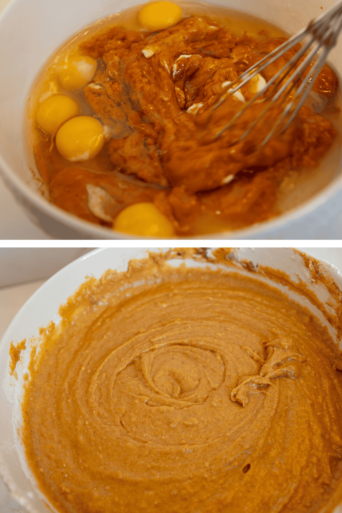 how to make pumpkin chocolate chip muffins. 2 bowls one stirring ingredients the other stiffed ingredients