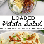 loaded potato salad in bowl unmixed and in serving bowl garnished with text https://farmhouseharvest.net