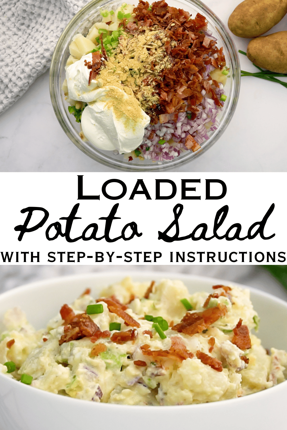 loaded potato salad in bowl unmixed and in serving bowl garnished with text https://farmhouseharvest.net