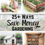 ways to save money gardening, canning, chickens, planting in used containers, raised beds companion planting for pest control with text